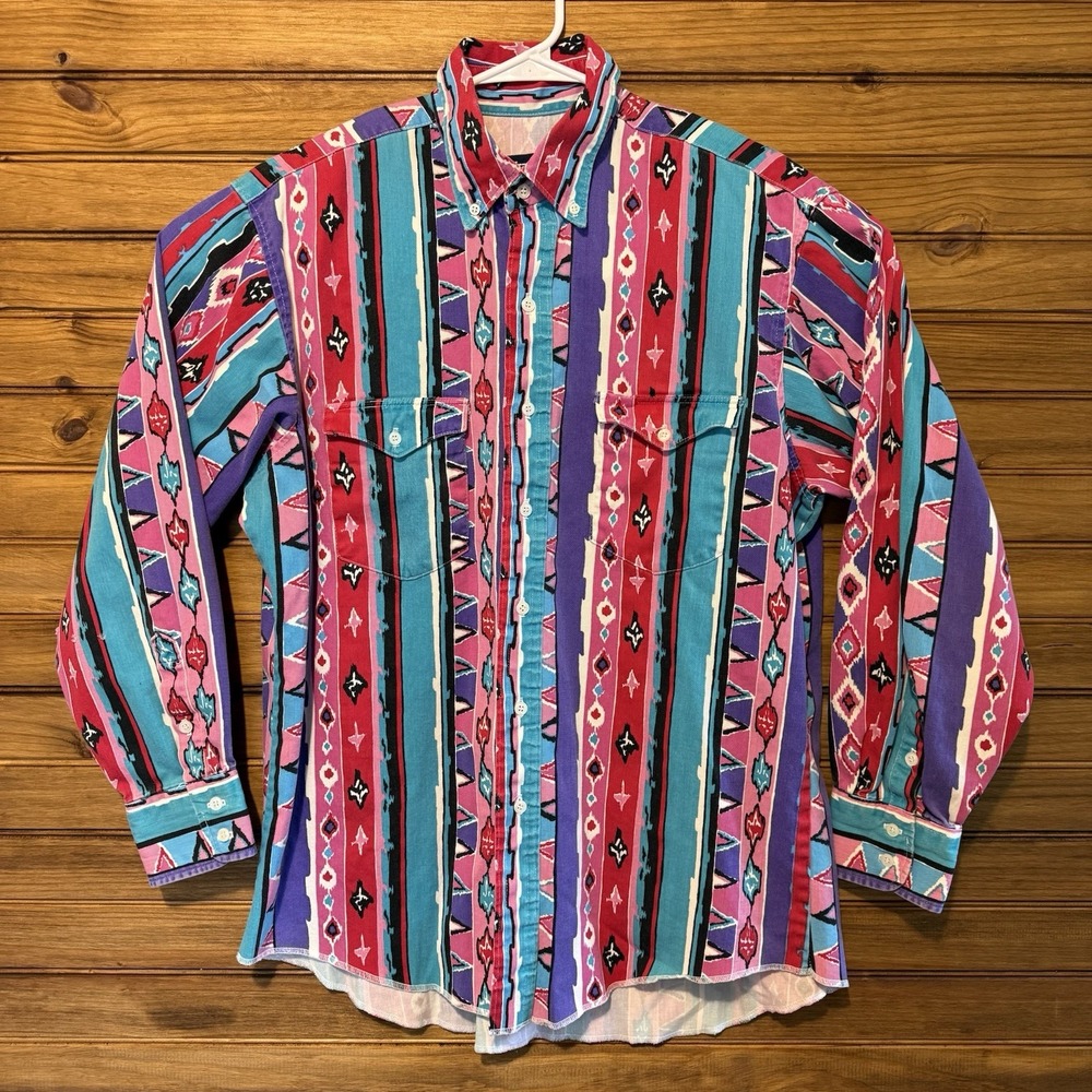Vintage Wrangler Mens Size 16.5 34 Aztec 90s XLong Tails Single Stitch Brushpop